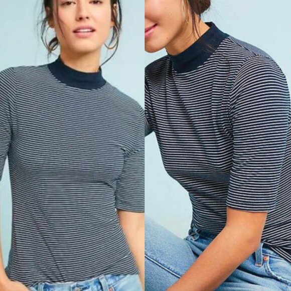 ANTHROPOLOGIE T LA Mock Neck Stripe Top Navy Blue White Small Casual Boho Cute - Picture 1 of 7